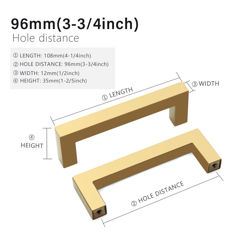 Redunest Cabinet Pulls Gold Cabinet Handles Square Drawer Pulls  10 Pack 3-3/4 Inch Stainless Steel Kitchen Door Cupboard Cabinet Handles  Drawer Hardware Handles  96mm Hole Centers - Image 2